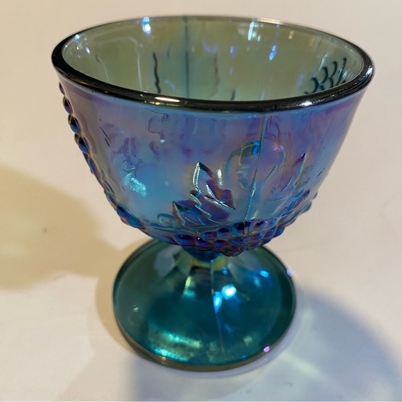 Indiana Blue Carnival Glass small Harvest Grape footed fruit goblet GUC no flaws - Picture 2 of 6